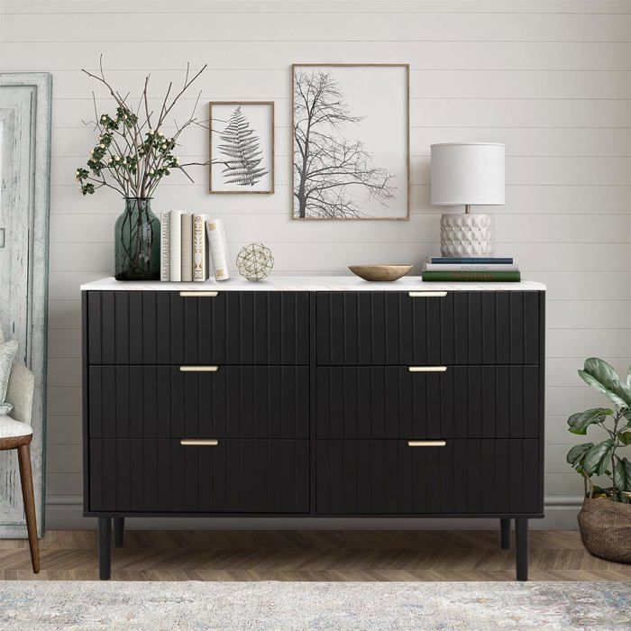 GOOBUY Commode 6 Tiroirs Plafond Couleur Marbré Meuble de Rangement 100 x 34 x 73cm Scandinave Noir (Plafond Marbré)