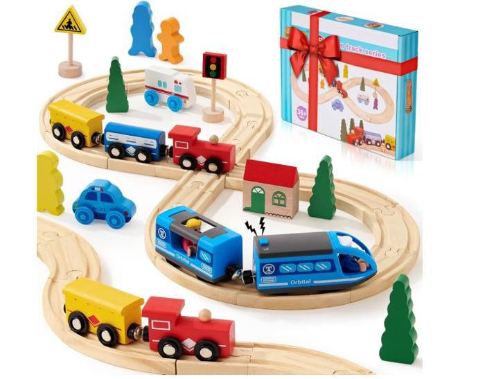 Atoylink Train électrique En Bois Magnétique Pour Enfants - Jouet Éducatif Avec Rails, Sons Et Lumières - Cadeau Garçon Fille 3 à 7 Ans