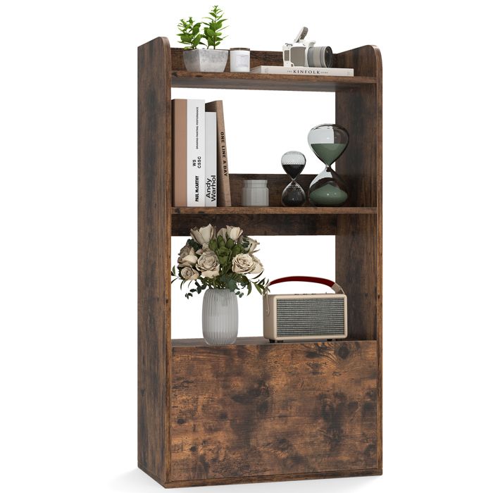 COSTWAY Bibliothèque avec Tiroir et Etagère Ouverte à 3 Niveaux Kits Anti-basculement pour Salon Bureau Chambre Marron Rustique