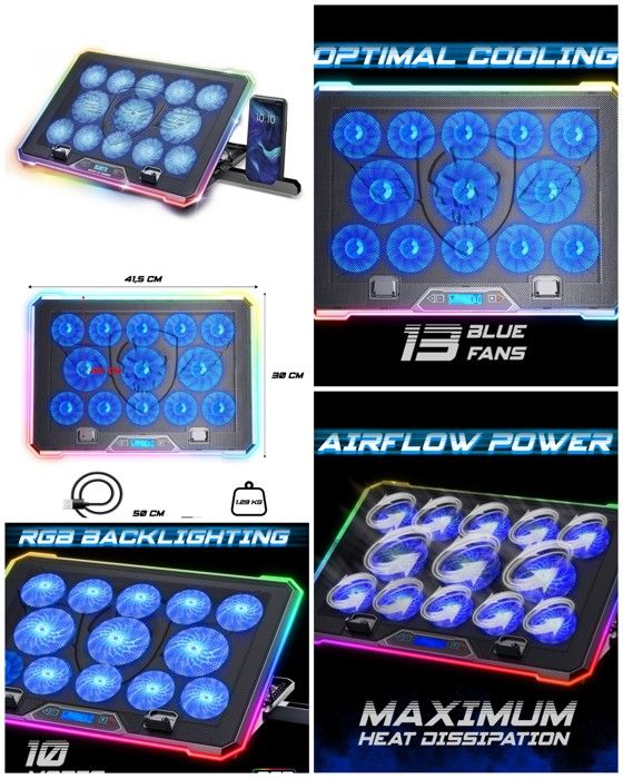 Refroidisseur PC Portable – Spirit of Gamer – AIRBLADE – 13 Ventilateurs – 2 Ports USB – LED RGB