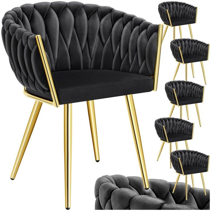 Chaise - TECTAKE - Lot de 6 fauteuils ASTANO en velours design noué avec pieds fin en acier 605 x 55 x 75 cm - Noir/Or