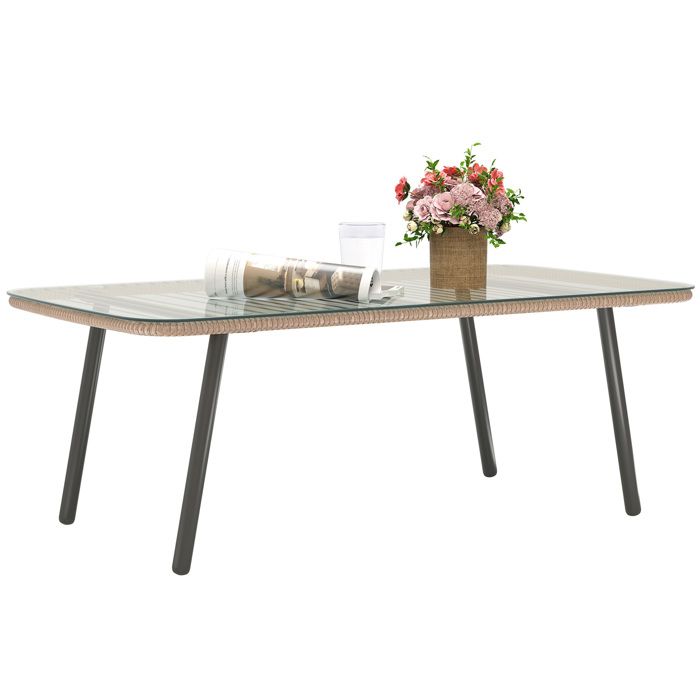 Table basse de jardin - Outsunny - avec plateau verre trempé 5 mm - cadre en acier - 110 x 60 x 40 cm - effet bois naturel