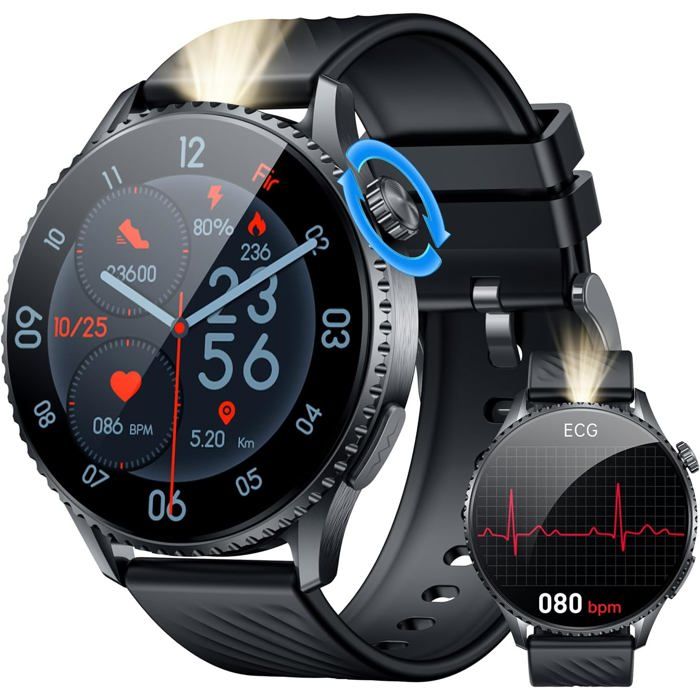 Montre Connectée Homme Smartwatch Ecg: 1.56 Amoled Écran Ronde Montre Hommes Avec Appel Bluetooth Lampe De Poche Led Fitness Trac