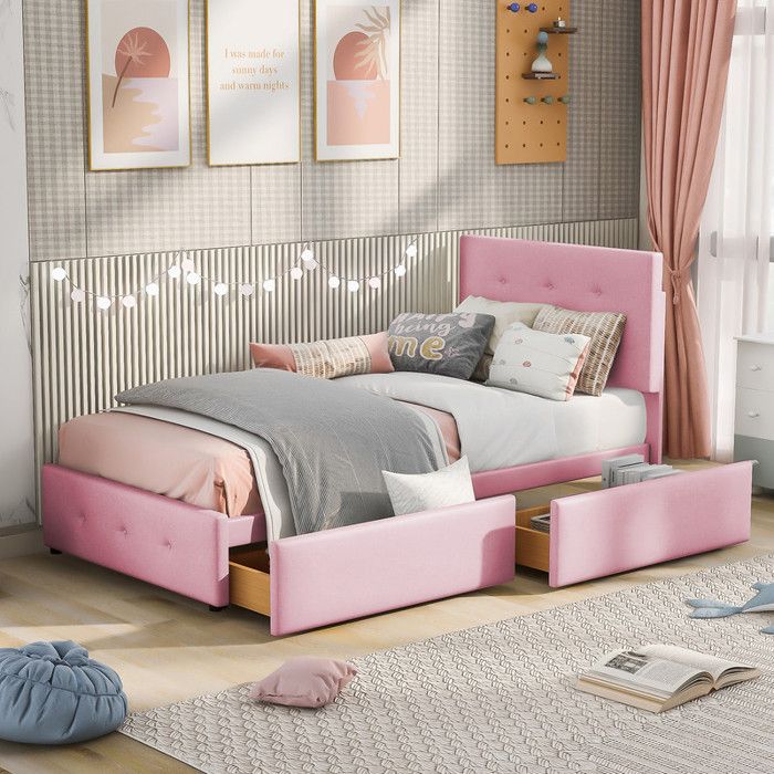 Lit simple 90x200 cm - Tissu velours rose - Tiroirs de rangement - Tête de lit rembourrée - Montage facile