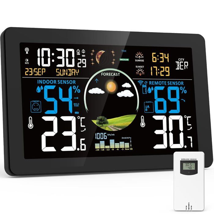 Uzoli Station Météo Sans Fil EM3405 – Thermomètre Hygromètre Int/Ext, Prévisions 12h, Pression, Confort, Risque Moisissure, Réveil