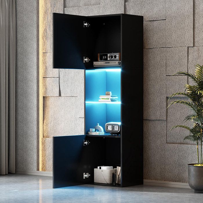 Vitrine noire brillante avec éclairage LED 1 étagère en verre vitrine sur pied armoire haute