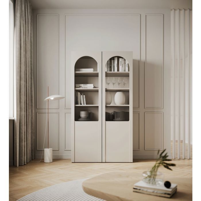 Vitrine avec portes cintrées et façades en verre – SELSEY ARKADIA – 100 cm – gris cachemire