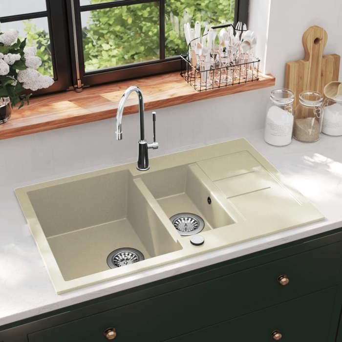 HSF®Évier de cuisine Granit - 2 bacs - Résistance à la chaleur jusquà 280 ° C - lavabo Beige cvk57014