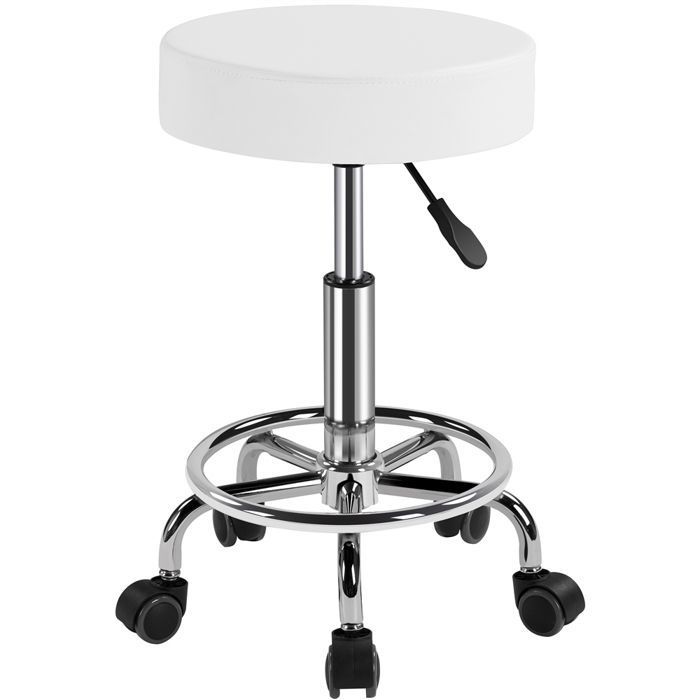 Yaheetech Tabouret Rond à Roulettes avec Assise Réglable en Hauteur et Revêtement en Similicuir Blanc