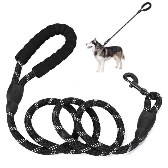 Laisse pour chien - MEIDONG - Corde 2m - Poignée rembourrée - Réfléchissante - Noir