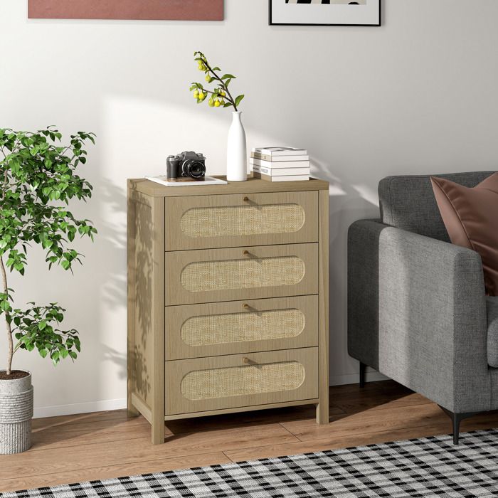 Commode 4 tiroirs meuble de rangement style bohémienne avec portes résine tressée 70 x 38 x 93 cm effet bois naturel