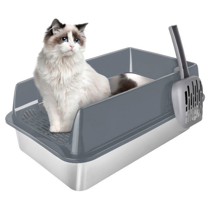 Bac à Litière pour Chat en Inox - Semi-Fermés - Avec Pelle à Litière - Facile à Nettoyer - 40x60x30 cm - Gris