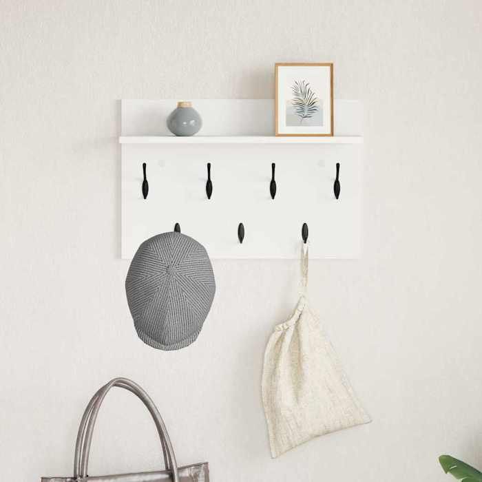 Porte-manteau mural en bois dingénierie - WIENS - Blanc - 60x40x12 cm - Crochets multiples - Étagère intégrée