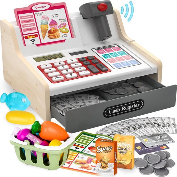 Jouet Supermarché Pour Enfants – Caisse Enregistreuse Avec Scanner Sonore + Chariot + 65 Accessoires, Dès 3 Ans