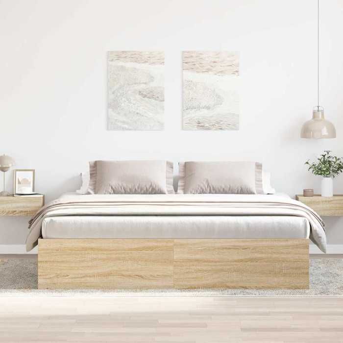 2 Places - Cadre de lit et sommier à lattes double - VIDAXL - Contreplaqué - contemporain - sans matelas - Chêne Sonoma -200x200 cm