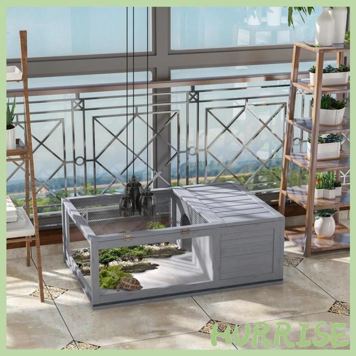 Comparer les prix de Cocosity Maison Enclos Cage Habitat Pour Petit Animal Tortues Avec 2 Espaces 91 X 605 X 32 Cm Bois Massif Gris