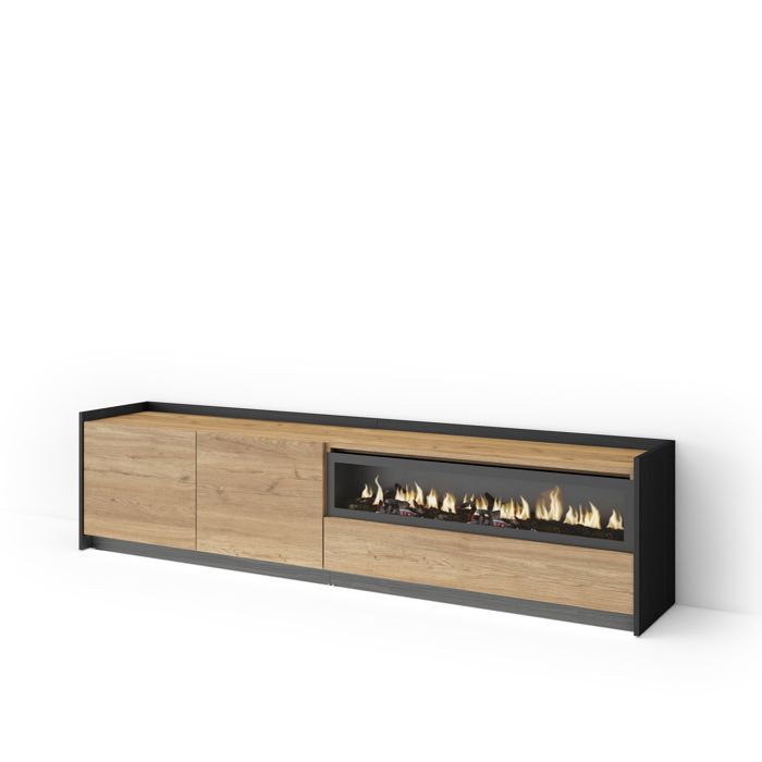 Meuble TV - Avec cheminée électrique à droite - 207x37x50cm - Pour les TV jusquà 80 - LED - Chêne et noir - RF4850