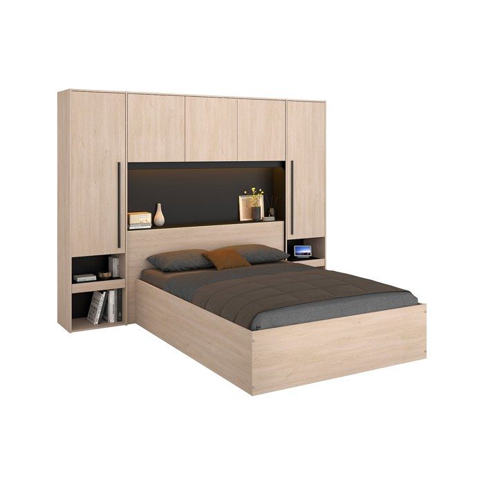 Lit coffre 140 x 190 cm avec pont de lit - Avec LEDs - Coloris : Naturel et noir - VELONA