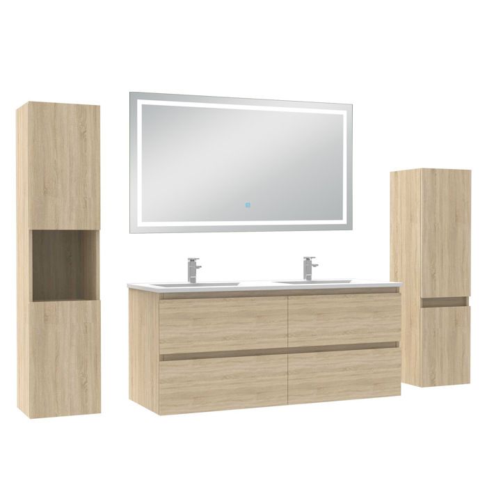 AICA meuble de salle de bain 120 cm chêne mat avec Lavabo 2 colonnes + miroir LED 6000K dimmable - fonction mémoire