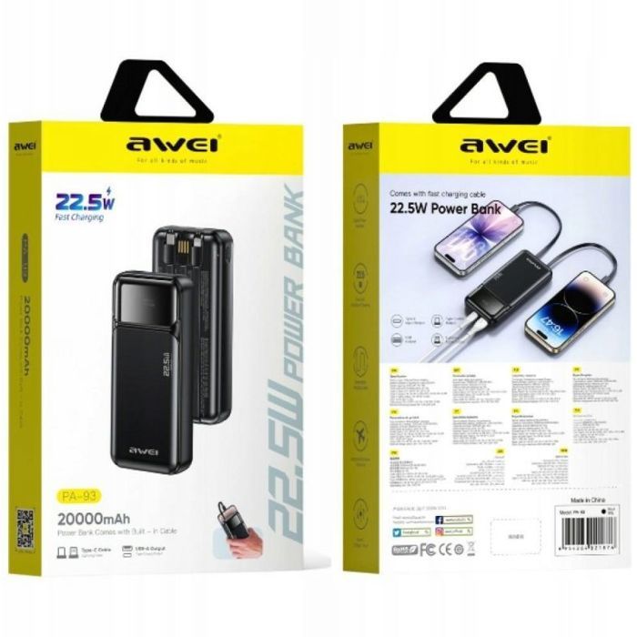 Batterie externe - power bank pour telephone Awei Powerbank Powerbank PA-93 20000mAh 225W PD 2xUSB-C + câble noir