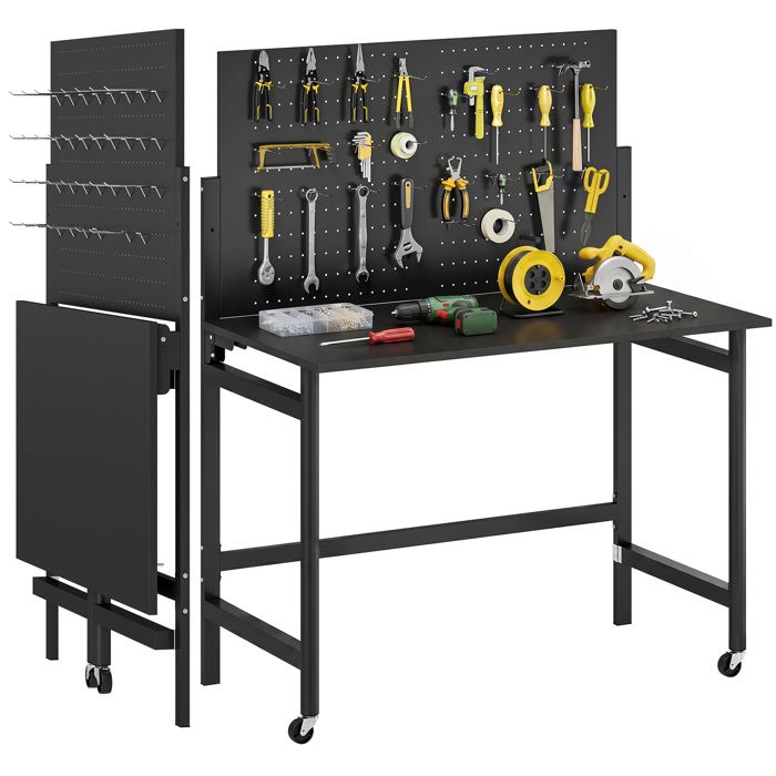 Établi datelier - HOMCOM - pliable à roulettes - panneau perforé et 30 crochets - acier - 115x62x1435cm - noir