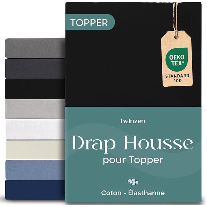 Drap Housse 180x200 cm Premium pour Surmatelas Coton avec 5% Elasthanne - Bonnet 18cm pour Topper 180 x 200 cm Noir NO DRAP HOUSSE