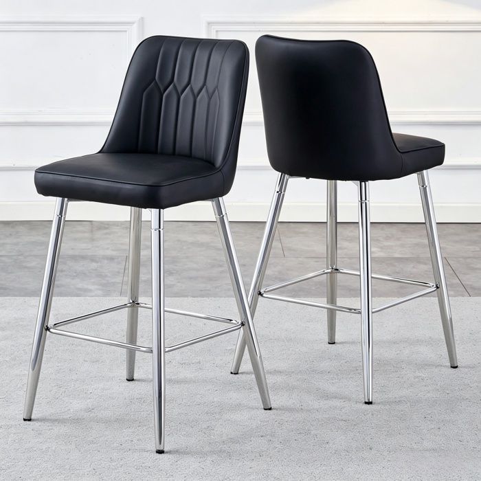 Lot de 2 Tabourets de Bar - BELLEMAVE - Cuir PU - Pieds Métalliques - Chaise de Cuisine - Hauteur 100 cm - Noir et Argent
