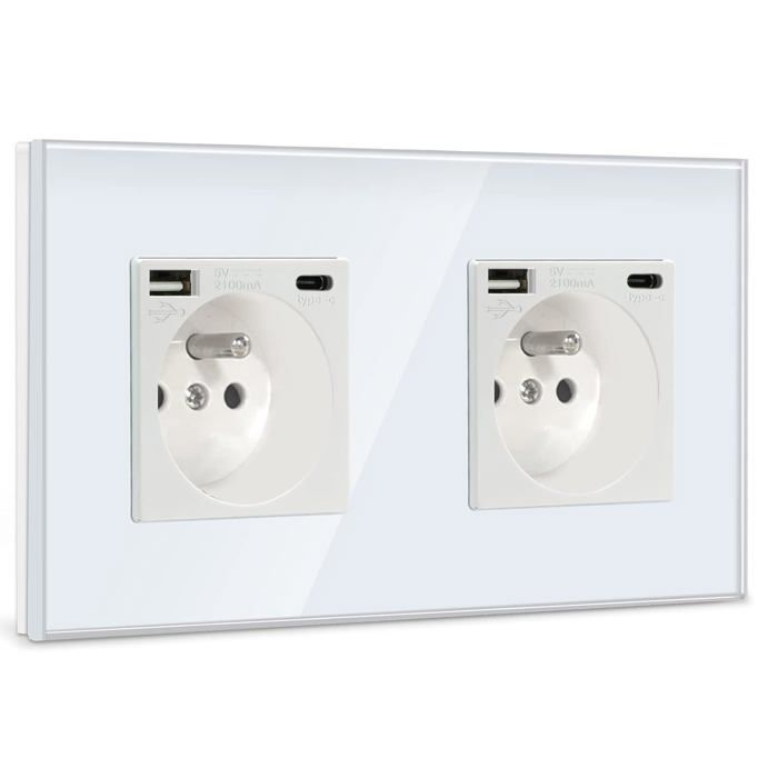 Prise murale double avec USB et Type-C - 16A CA panneau en verre courant max 2.1A - Pour smartphones et tablettes blanc