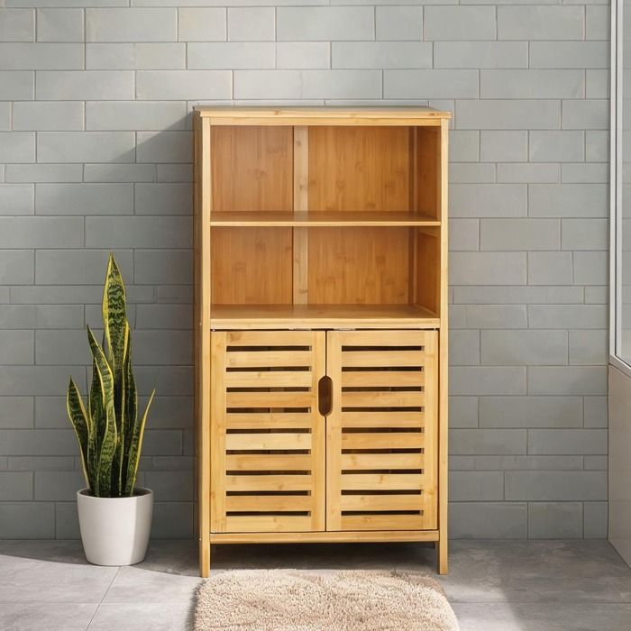 Meuble de salle de bain colonne en bambou light natural avec portes à lamelles 50 x 29 x 92 cm