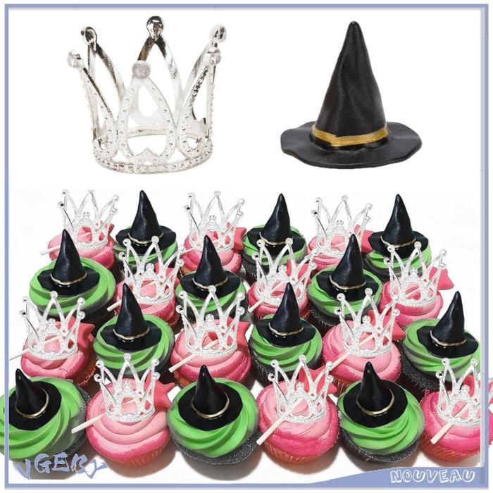 Duokon Toppers de gâteau de chapeau de sorcière et de couronne Ensemble de 12 chapeaux de sorcière et couronne articles Argent