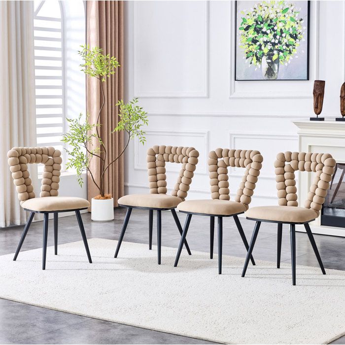 Chaise de salle à manger lot de 2 en velours avec dossier géométrique ajouré - ELVMI - pieds en métal noir beige