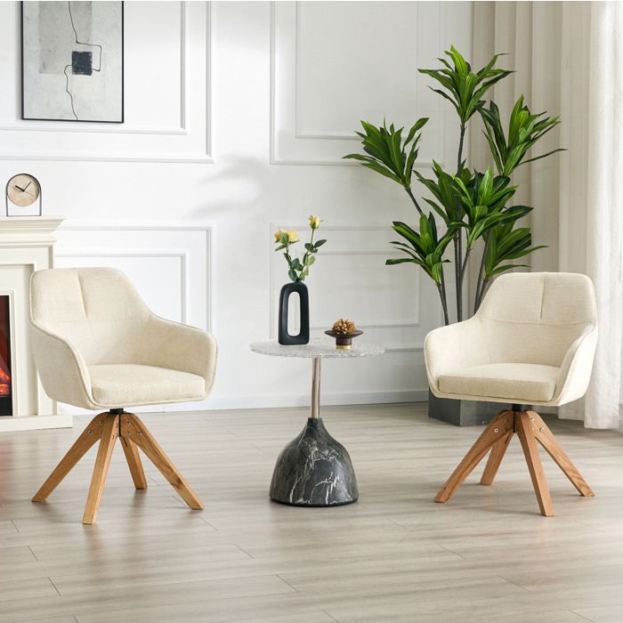 ROVRYN Lot de 2 chaises de salle a manger pivotantes 360° en tissu beige avec accoudoirs et pieds en bois massif