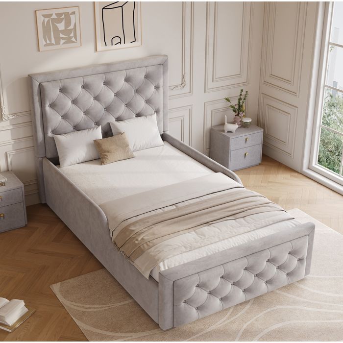 Lit Coffre Lit Simple Ouverture Hydraulique Tête Capitonnée et Rangement 90×200 cm sans Matelas
