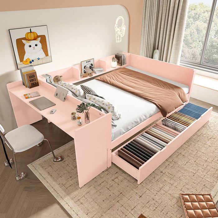 Lit plat lit en bois 140x200cm avec bureau équipé de 2 tiroirs lit double (sans matelas) avec étagères pin + aggloméré rose