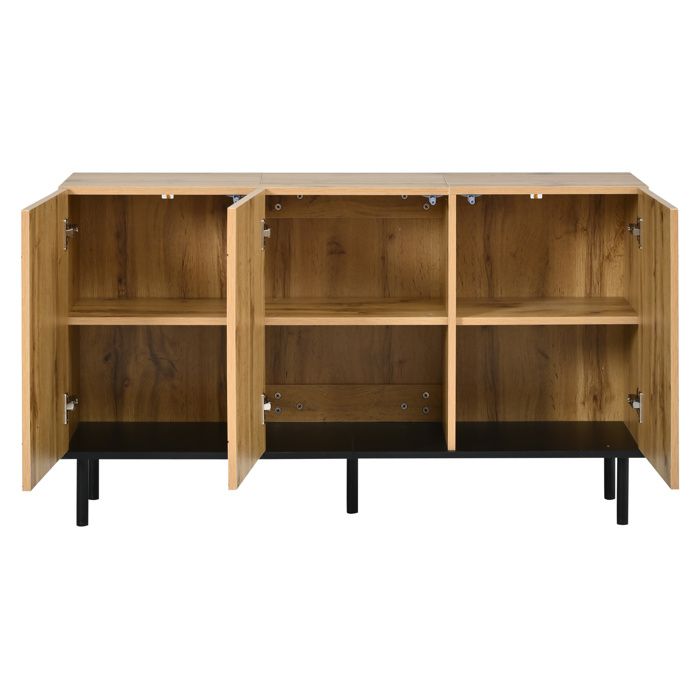 Buffet bas 120 cm - Sideboard moderne - 3 portes - effet vague - pieds métal - naturel bois et noir