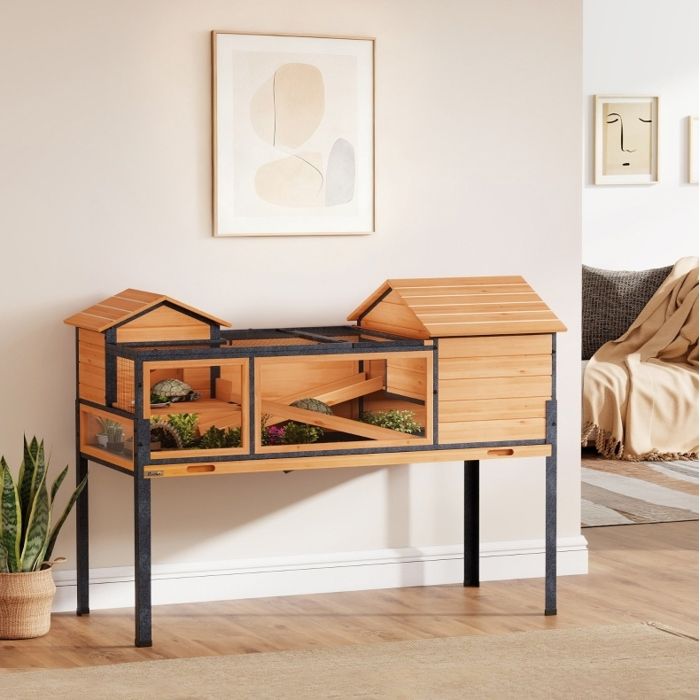 VUENOR enclos tortue double niveau 128x63x96 cm jaune – fenêtres et rampe