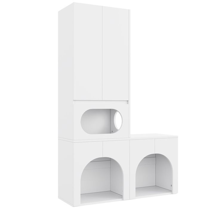 Katzentoilettenschrank - Haustierschrank MDF blanc - 140 x 45 x 195 cm - pour 2 litières - avec griffoir et espace repos