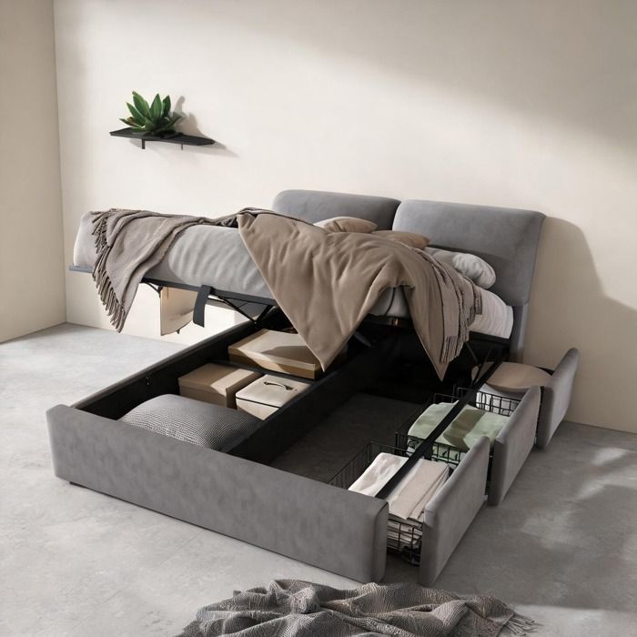 Sommier 140x200 cm avec coffre hydraulique et tiroirs cadre à lattes velours gris