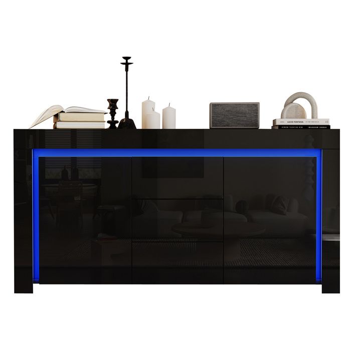 Buffet bas noir brillant 140 cm avec LED 2 portes 3 tiroirs MDF rangement salon entrée bureau FOLYNA