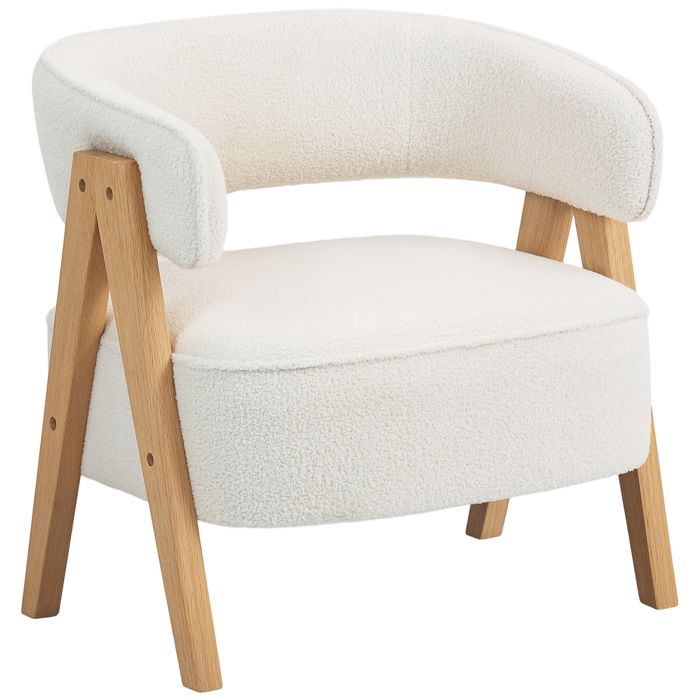Fauteuil salon – Tissu bouclette et pieds bois massif – Pour salon et bureau – 70x64x71 cm Blanc cassé