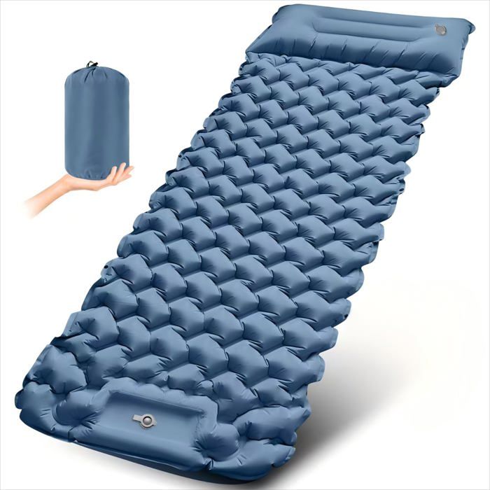 Matelas de camping autogonflant pour 1 personne - 220 x 70 cm 15 cm d’épaisseur nylon 40D TPU pompe à pied bleu