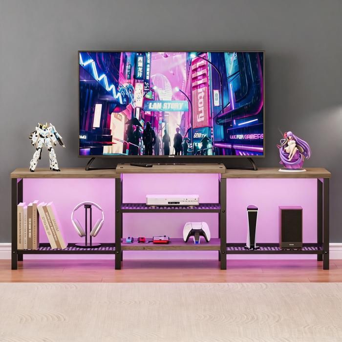 JoyGarden Meuble TV jusquà 75 pouces avec prises électriques ports USB et LED style vintage rustique pour salon Gris