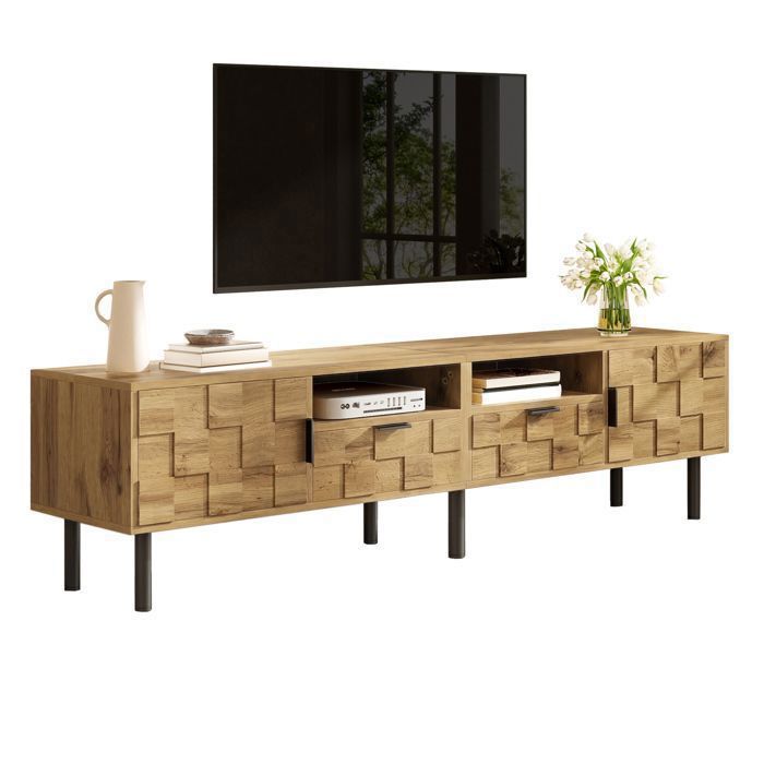 Meuble TV 160 cm motif géométrique en relief 2 portes et 2 tiroirs 2 niches ouvertes pieds en métal style rustique moderne