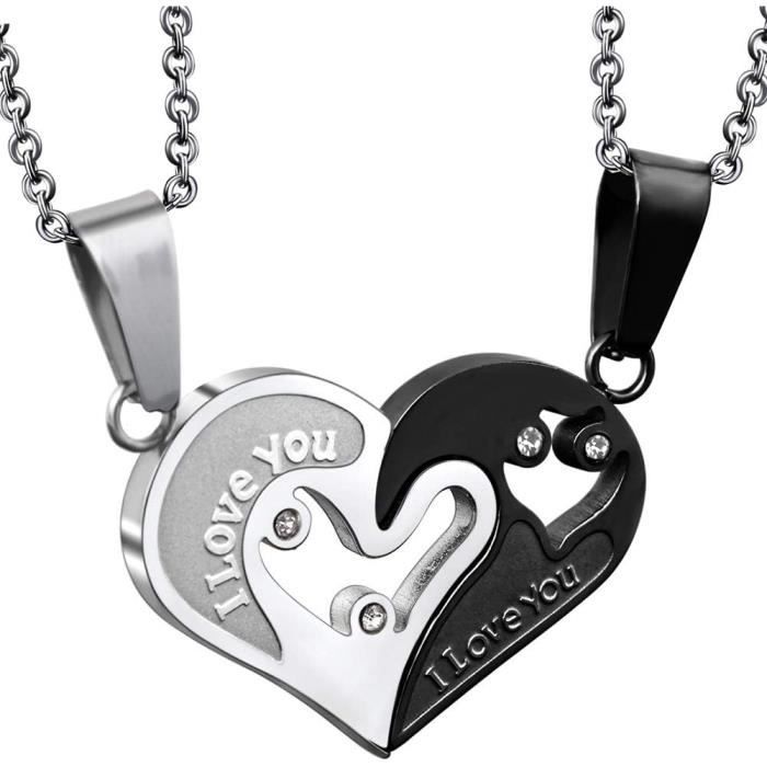 Collier Couple Amoureux en Acier Inoxydable Pendentif Coeur