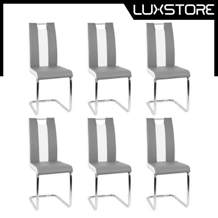 LUXS Lot de 6 Chaise gris-blanc salle à manger salon Dossier ergonomique 50cm Rembourrage épais Hauteur dassise 48.5 cm En simili