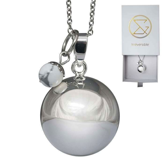 Bola de grossesse argent lisse pierre naturelle avec chaîne - Lithothérapie Howlite Magnésite - plaquée argent - coffret cadeau