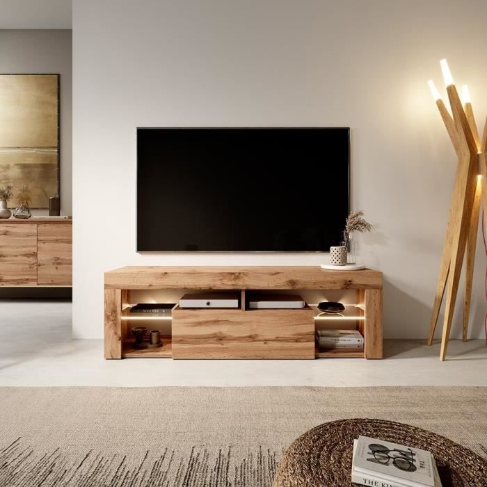 Petit Land meuble TV en bois chêne 140 cm avec compartiments et porte