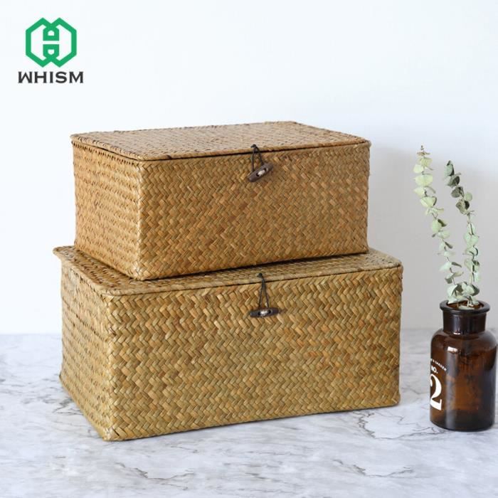 Lot De 2 Paniers Rectangulaires En Jonc De Mer Avec Couvercle - Rangement Naturel Pour Maison - Décoration Style Nordique - 8