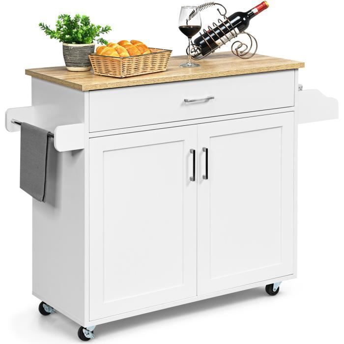 COSTWAY Desserte de Cuisine Bîlot de Cuisine à Roulettes avec Grand Placard Tiroir Porte-Epices et Porte-Serviettes Blanc