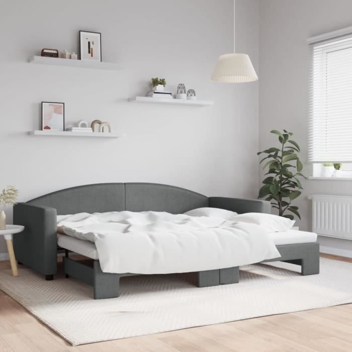 Lit De Jour Avec Tiroir Gigogne Et Matelas – 90x200 Cm – Velours Gris Clair – Neuf
